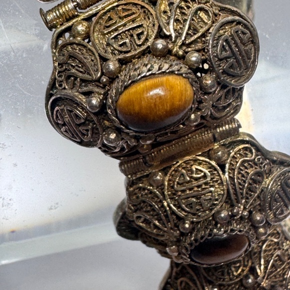 Vtg Chinese Export Bracelet Tiger's Eye Cabochon Silver Gilded Vermeil Filigree - Picture 4 of 16